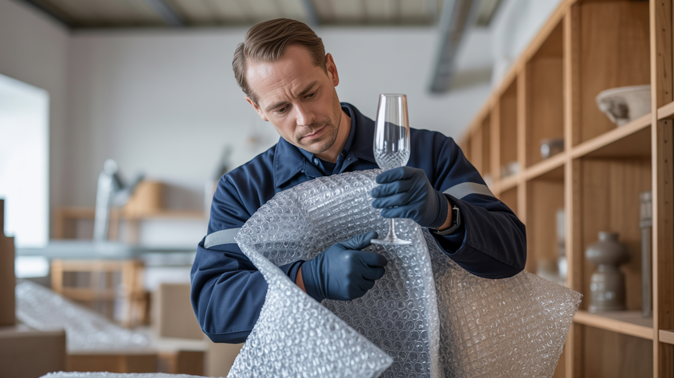 A professional mover from Abwini Transportation Services carefully wrapping fragile glassware for a fragile-only pack