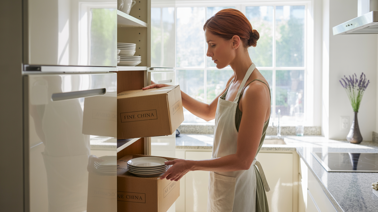 An organized kitchen with items being placed into cabinets from boxes during unpacking service by Abwini Transportation Services