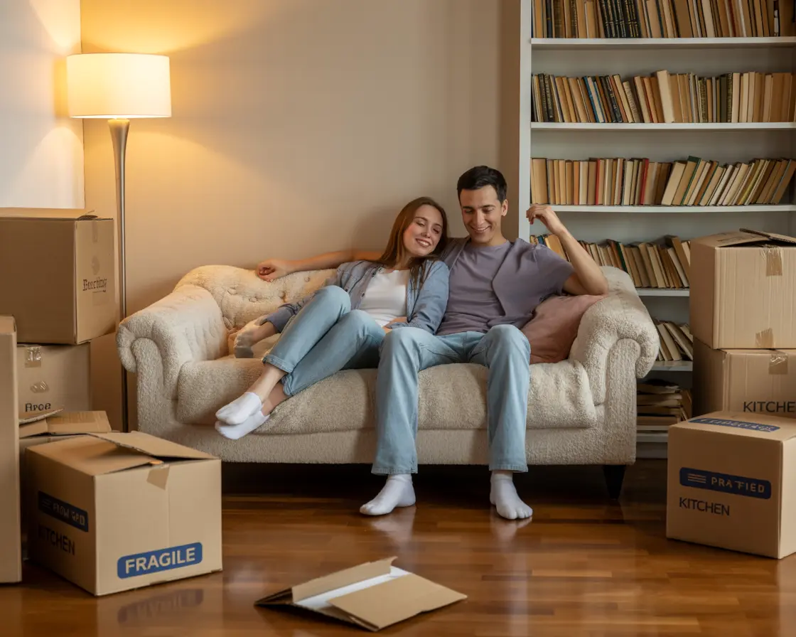 A happy family sitting among moving boxes in their new home, signifying a successful long-distance move by Abwini Transportation Services