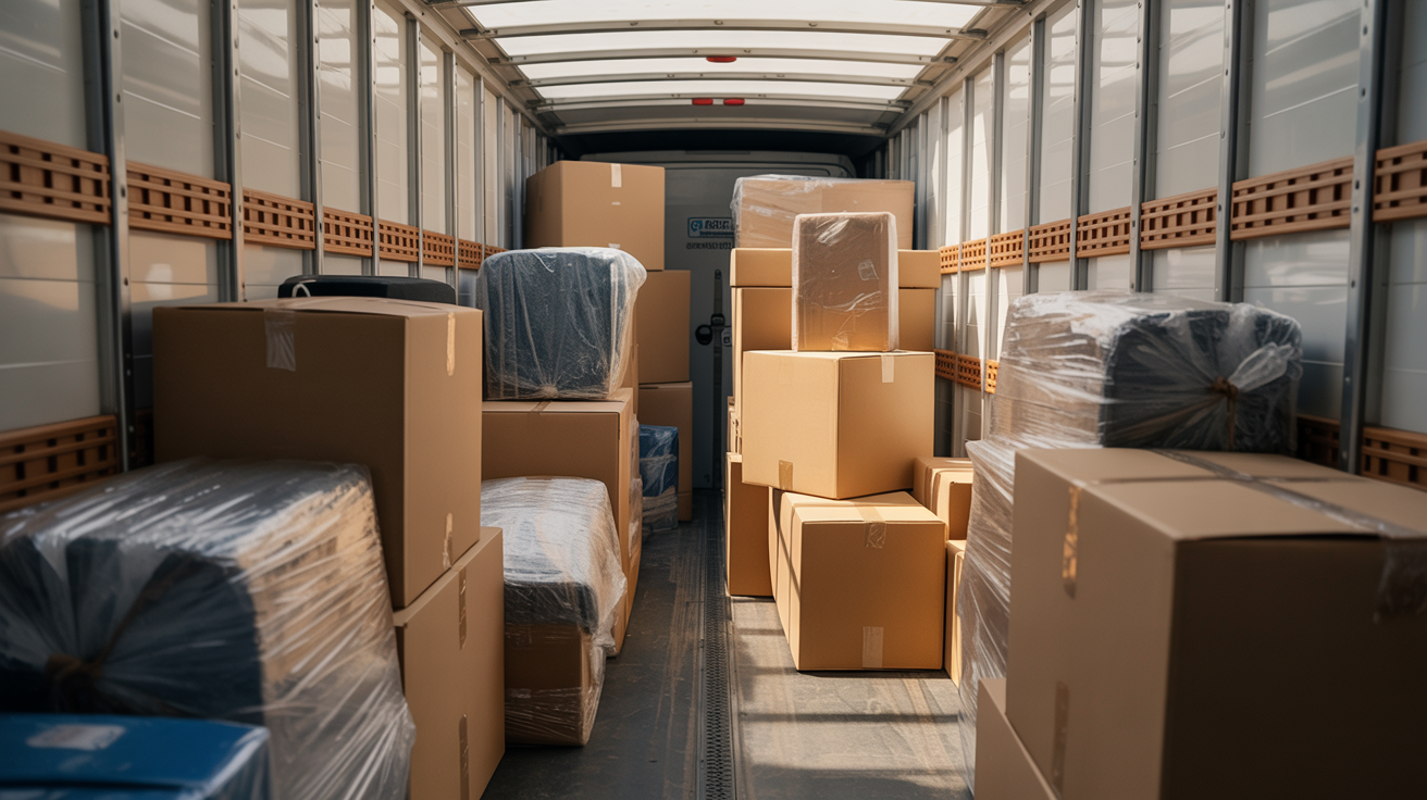 Movers loading items into a secure wooden vault for storage-in-transit by Abwini Transportation Services