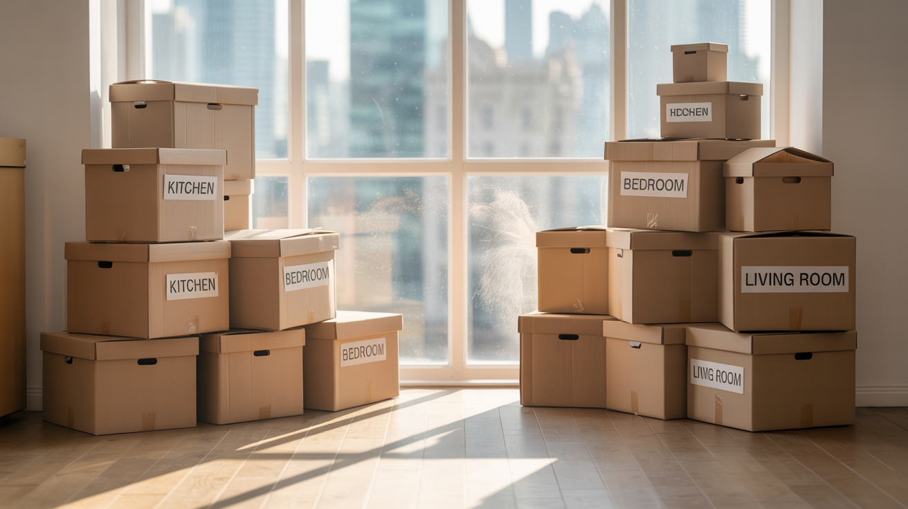 Neatly packed and labeled moving boxes stacked in a room for a full-service pack by Abwini Transportation Services
